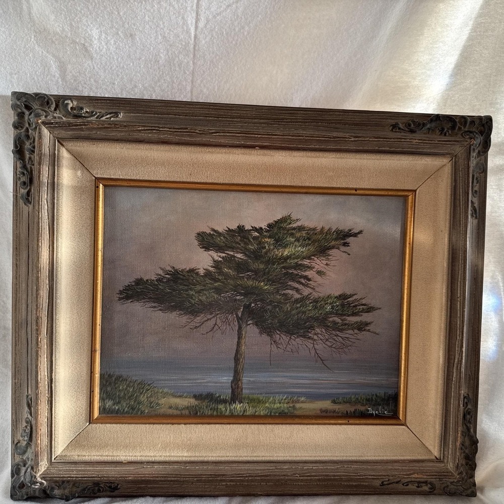 DYCKIE WALLACE Original Oil Painting signed California Trees Ocean Framed Landsc